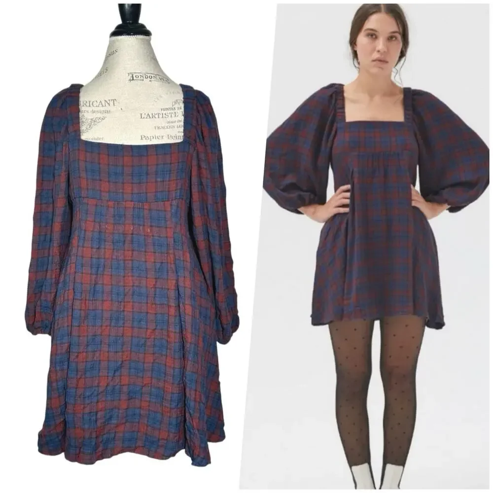 Urban Outfitters Blue and Rust Plaid Mini Dress